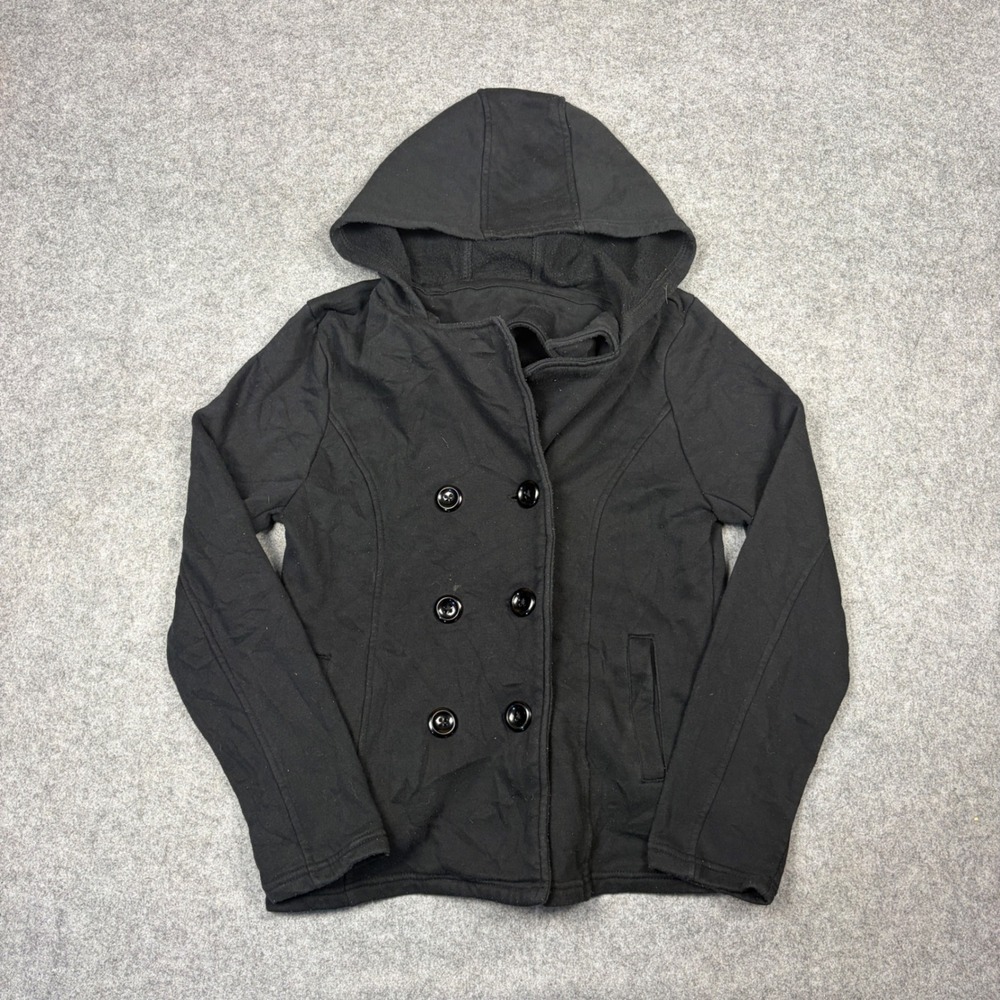 Sebby Womens Black Double Breasted Hooded Jacket Pea Coat Style Large